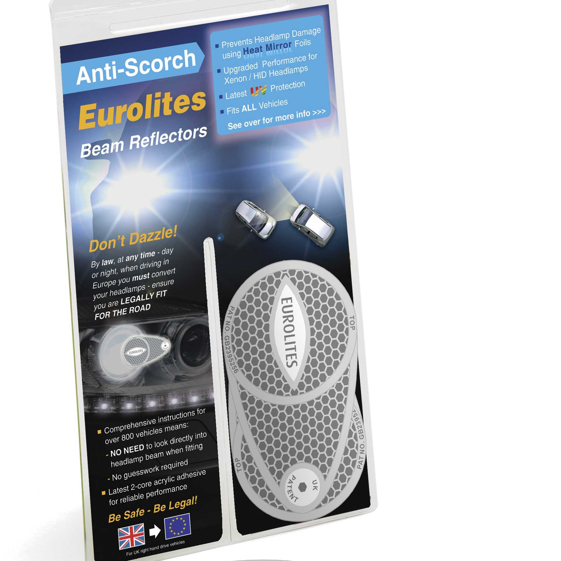 Travel Car Spare Bulb & Fuse Kit & Blue GB Sticker & Eurolites Headlamp Beam Convertors 